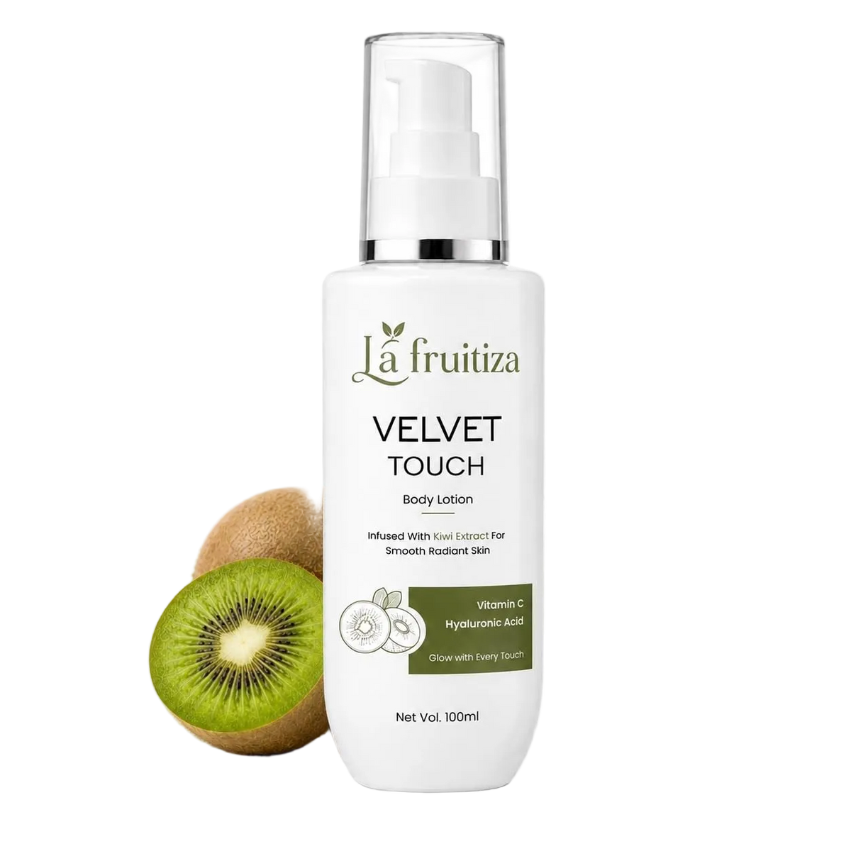 La fruitiza Velvet Touch Body Lotion in a white pump bottle, shown with kiwi and kiwi seed graphics on a plain white background.
