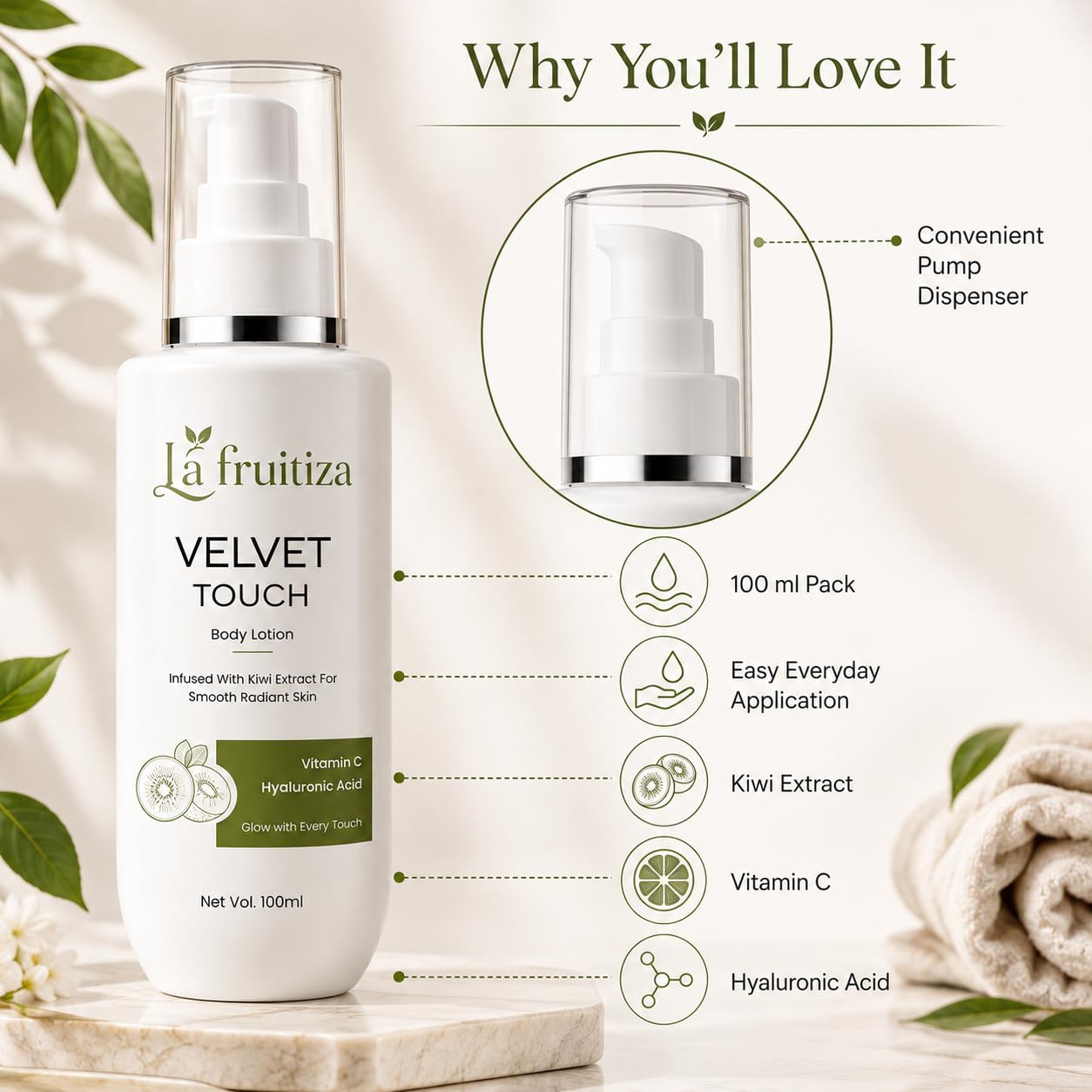 Velvet Touch Body Lotion with Kiwi Extract, Vitamin C & Hyaluronic Acid